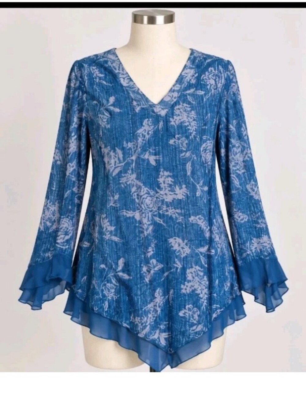 Blue Floral V-Neck Flowing Handkerchief Hem Tunic